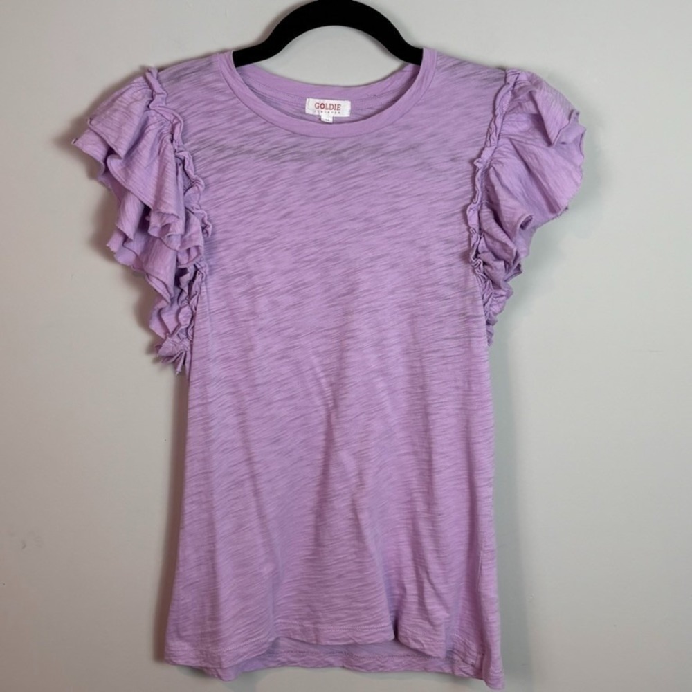 Goldie Lewinter Purple Ruffled Sleeve Crew Neck Shirt Womens MED Pima Cotton Fun